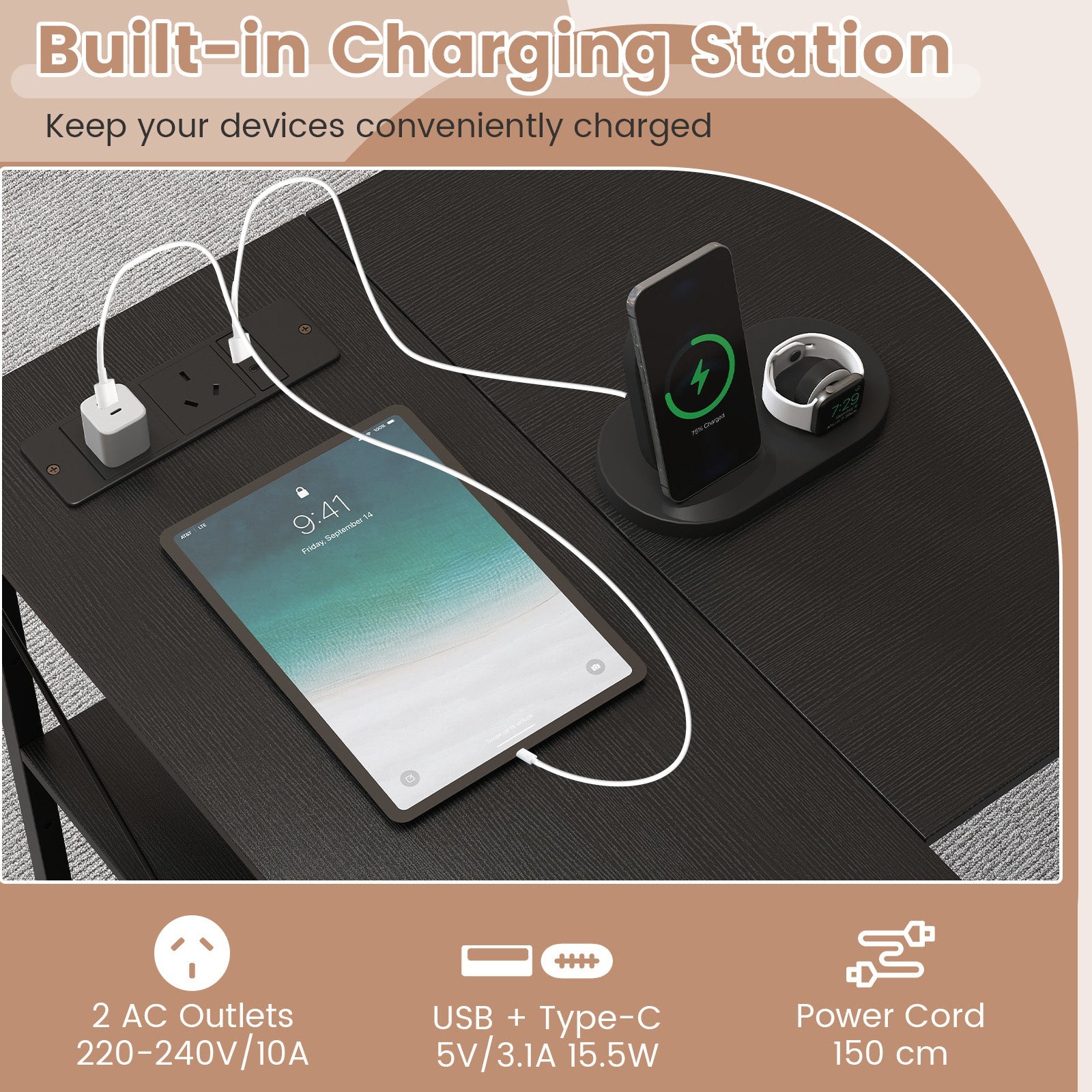 L-shaped Desk w/ Power Outlet Computer Desk Corner Gaming Desk for Home & Office