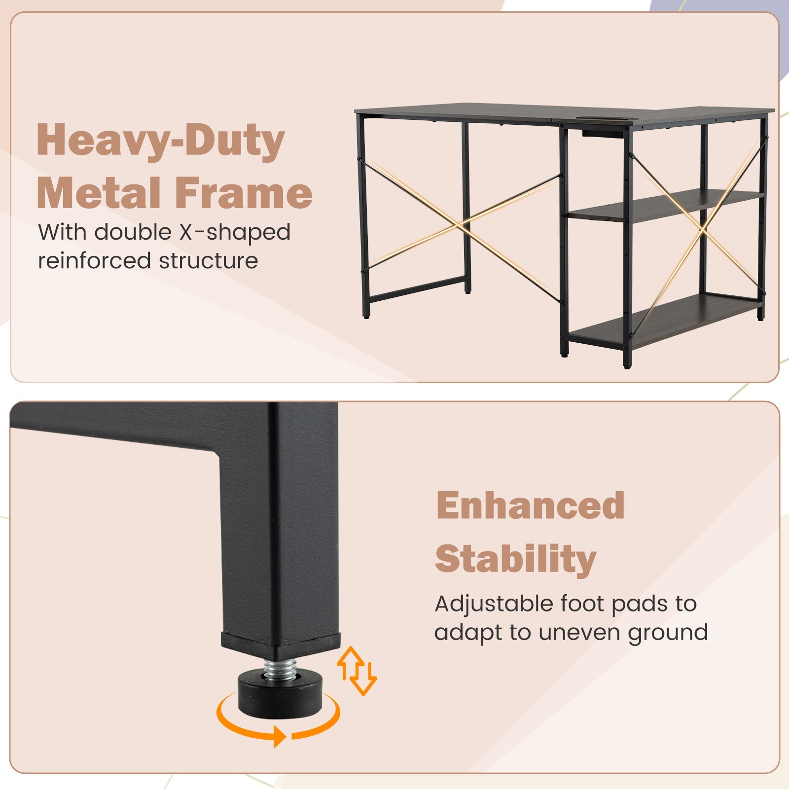 L-shaped Desk w/ Power Outlet Computer Desk Corner Gaming Desk for Home & Office