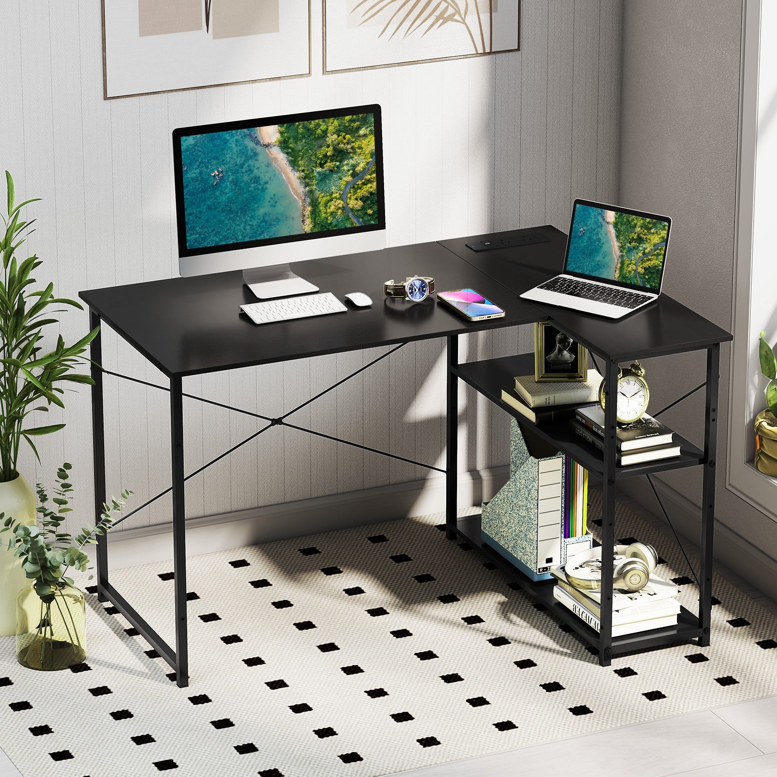 L-shaped Desk w/ Power Outlet Computer Desk Corner Gaming Desk for Home & Office