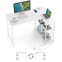 L-Shaped Desk with Power Outlet, Home Office Computer Desk with Reversible Adjustable Storage Shelves
