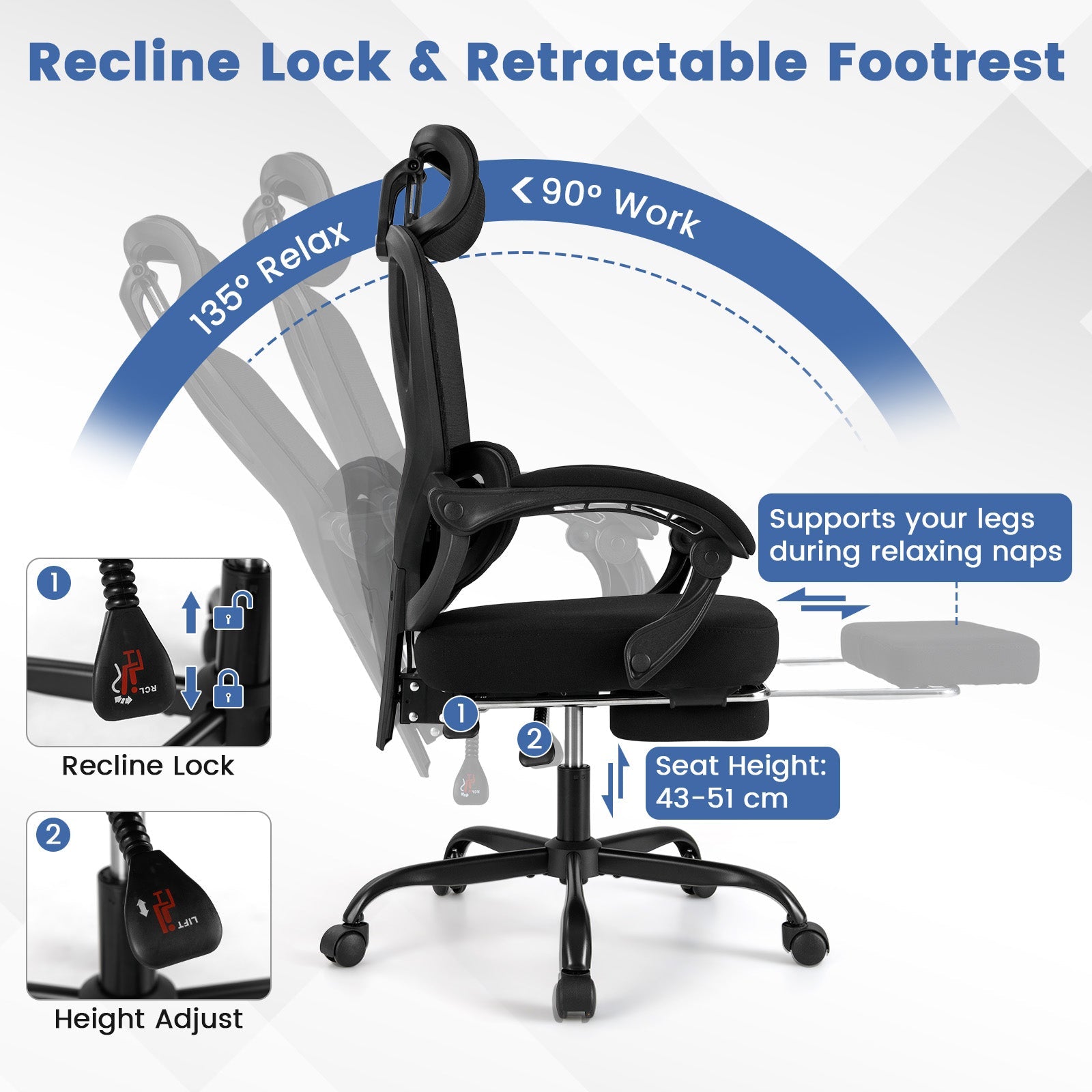 Ergonomic Office Chair High Back Mesh Desk Chair w/ Retractable Footrest