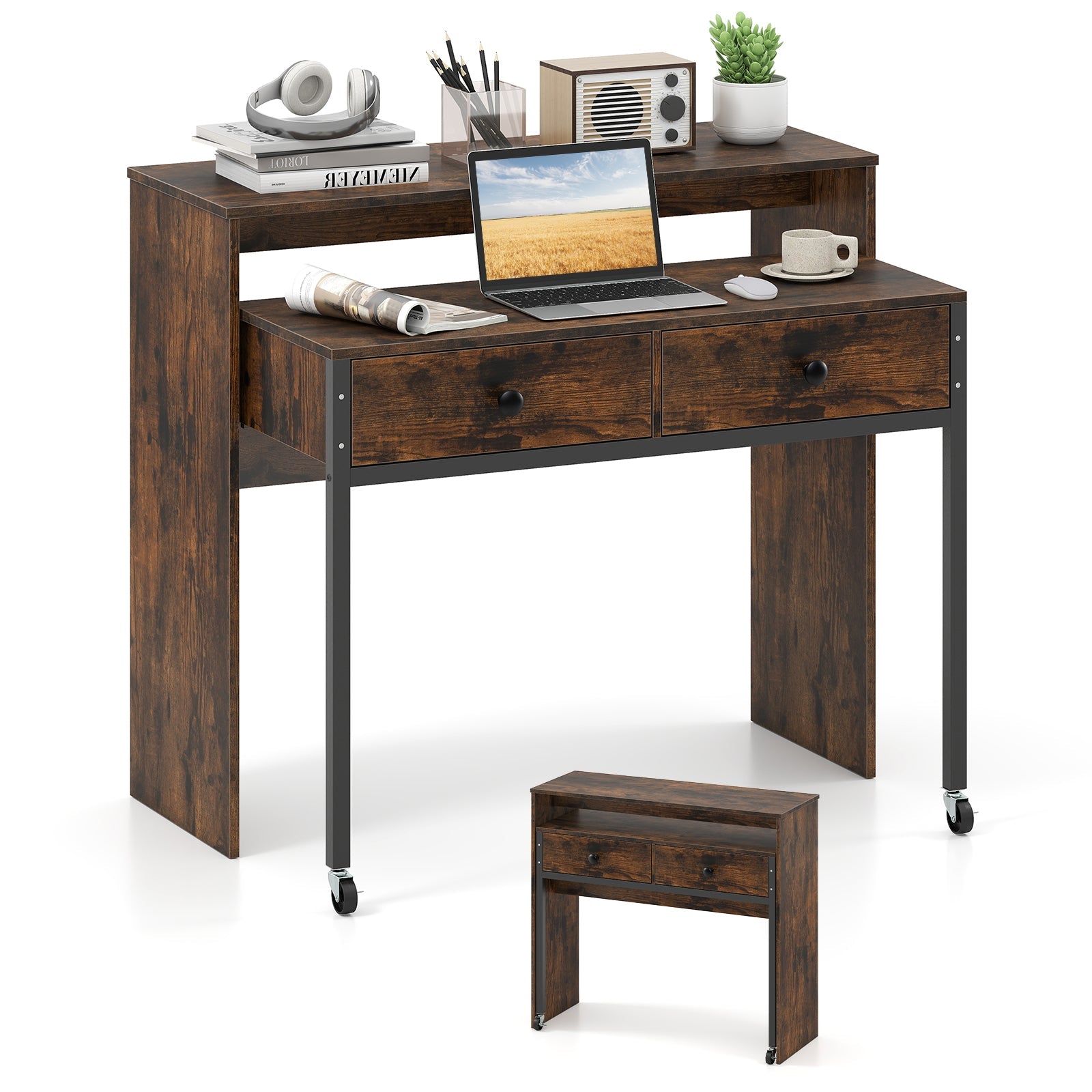Extending Writing Desk, Console Table with 2 Drawers