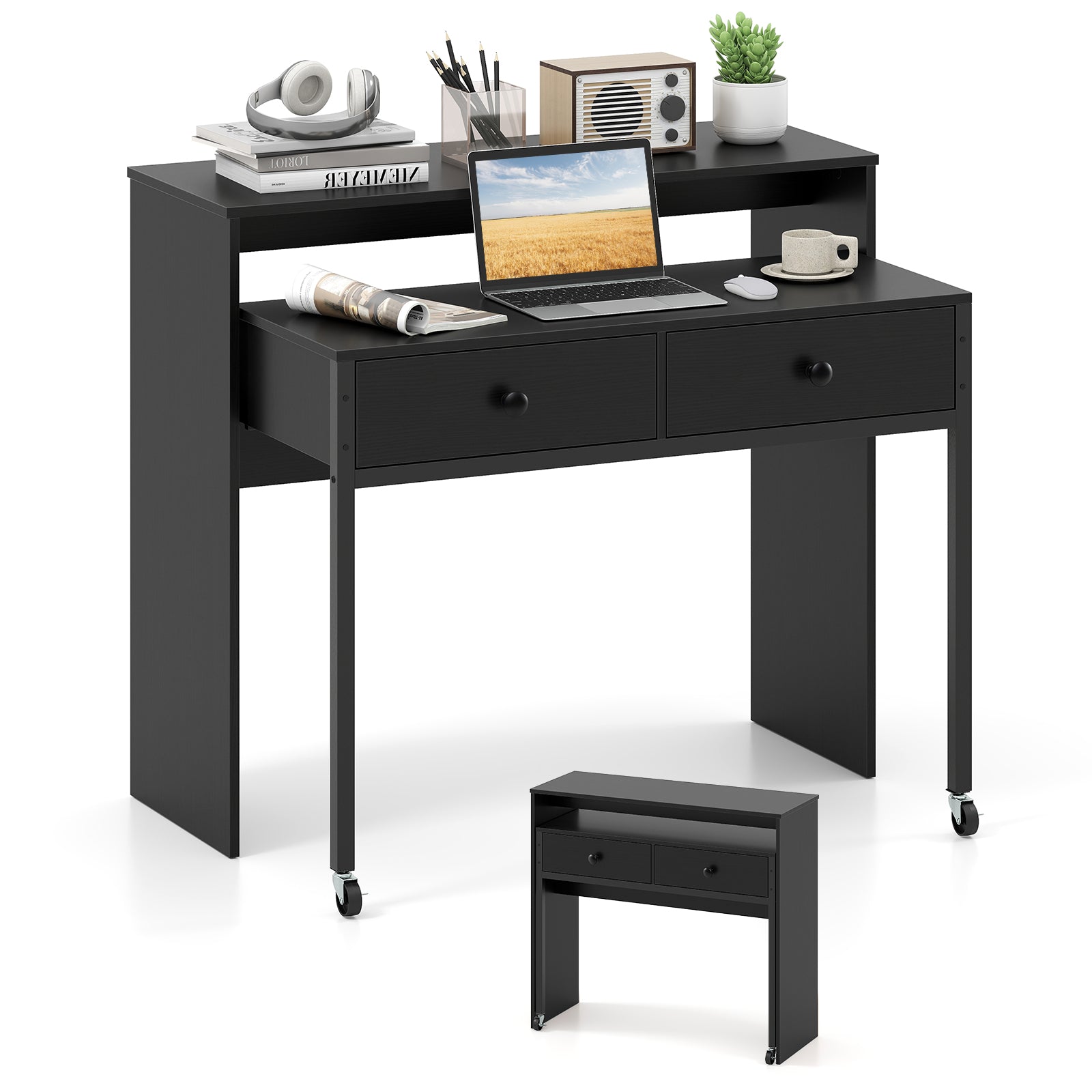 Extending Writing Desk, Console Table with 2 Drawers