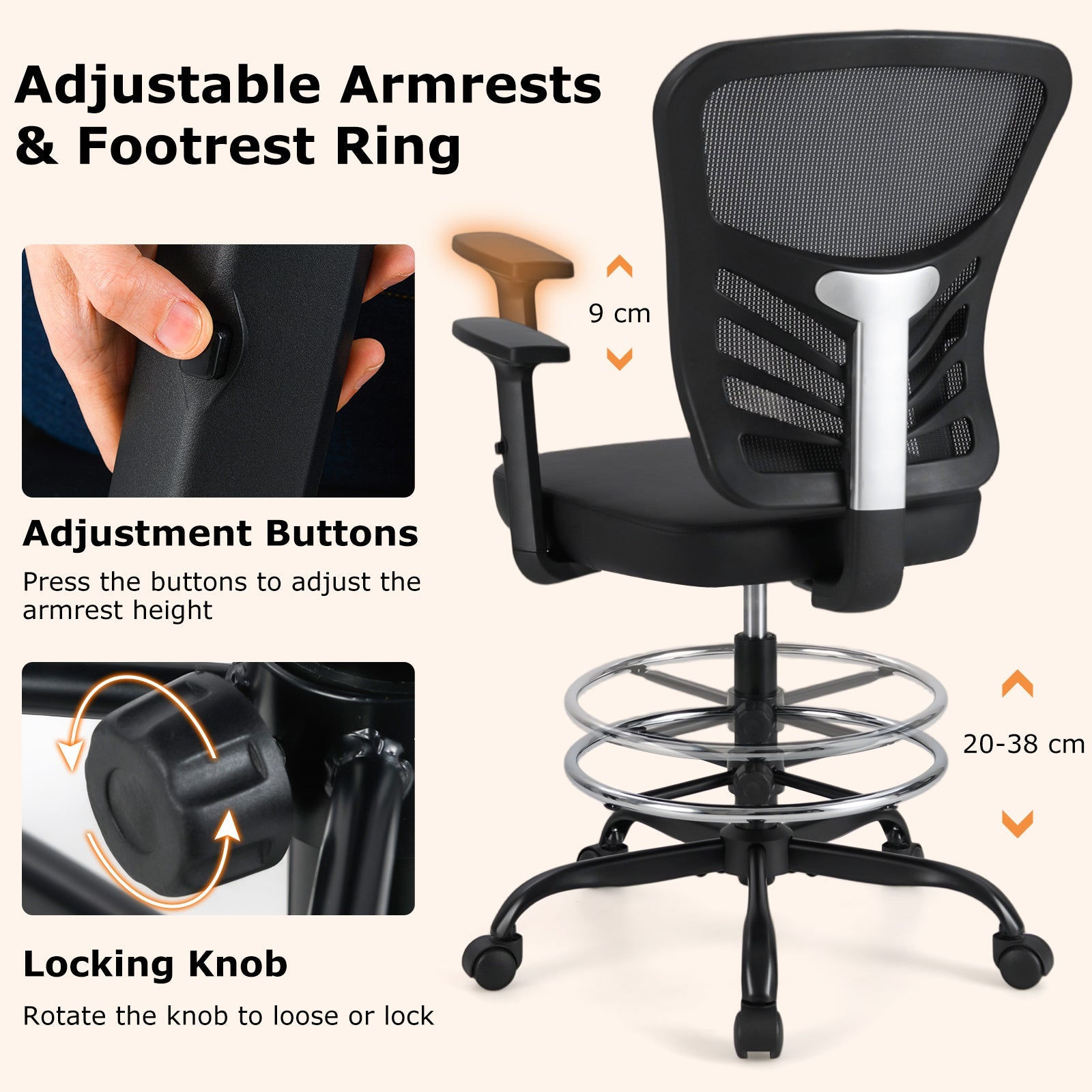 Height-adjustable Drafting Chair Swivel Task Chair Standing Desk Chair