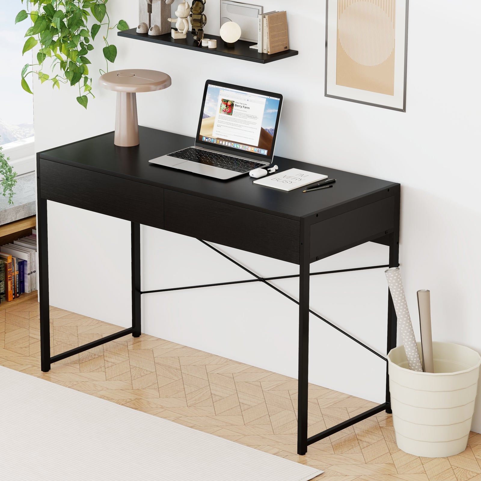 Computer Desk with 2 Drawers, 111cm Study Writing Table w/ Heavy-duty Steel Frame