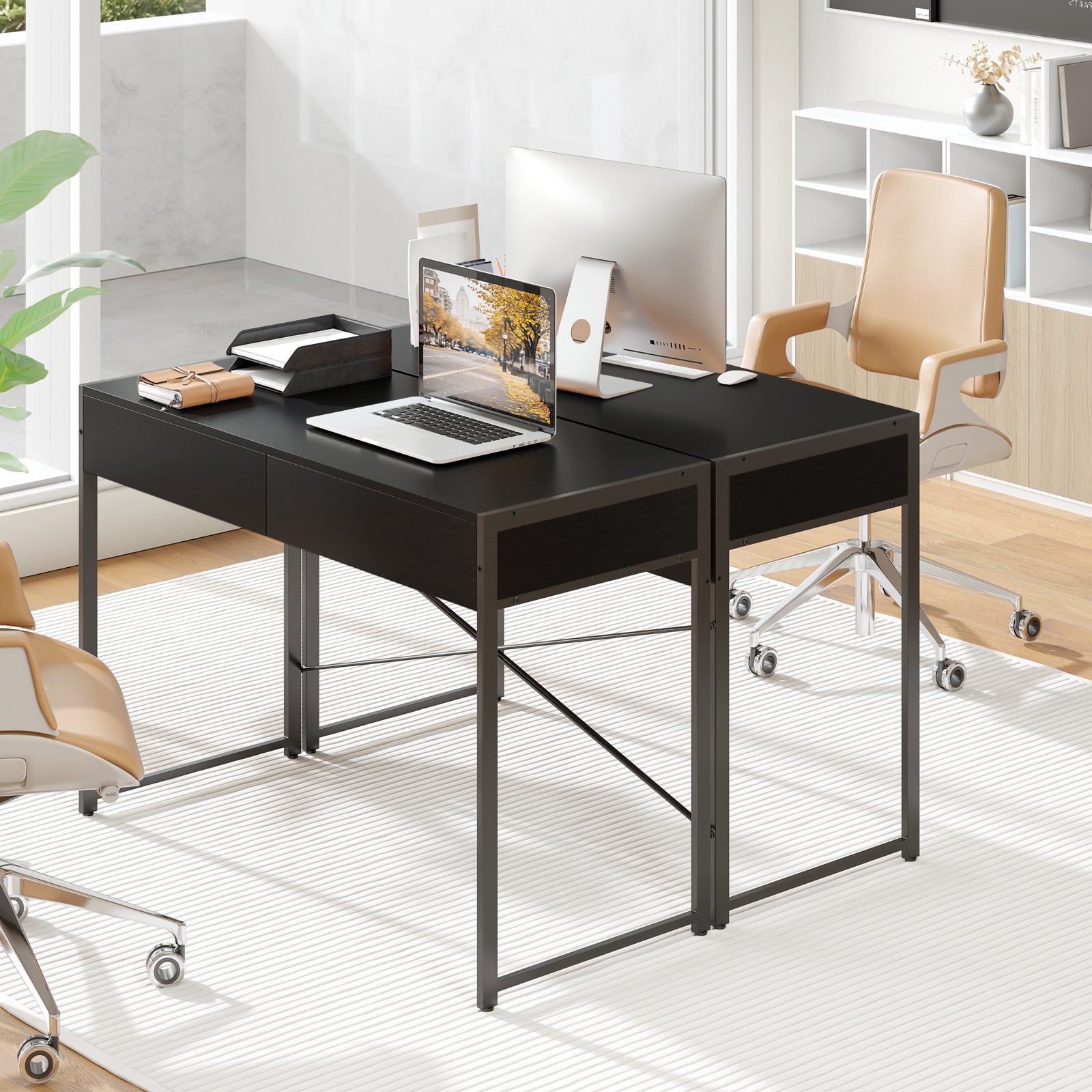 Computer Desk with 2 Drawers, 111cm Study Writing Table w/ Heavy-duty Steel Frame