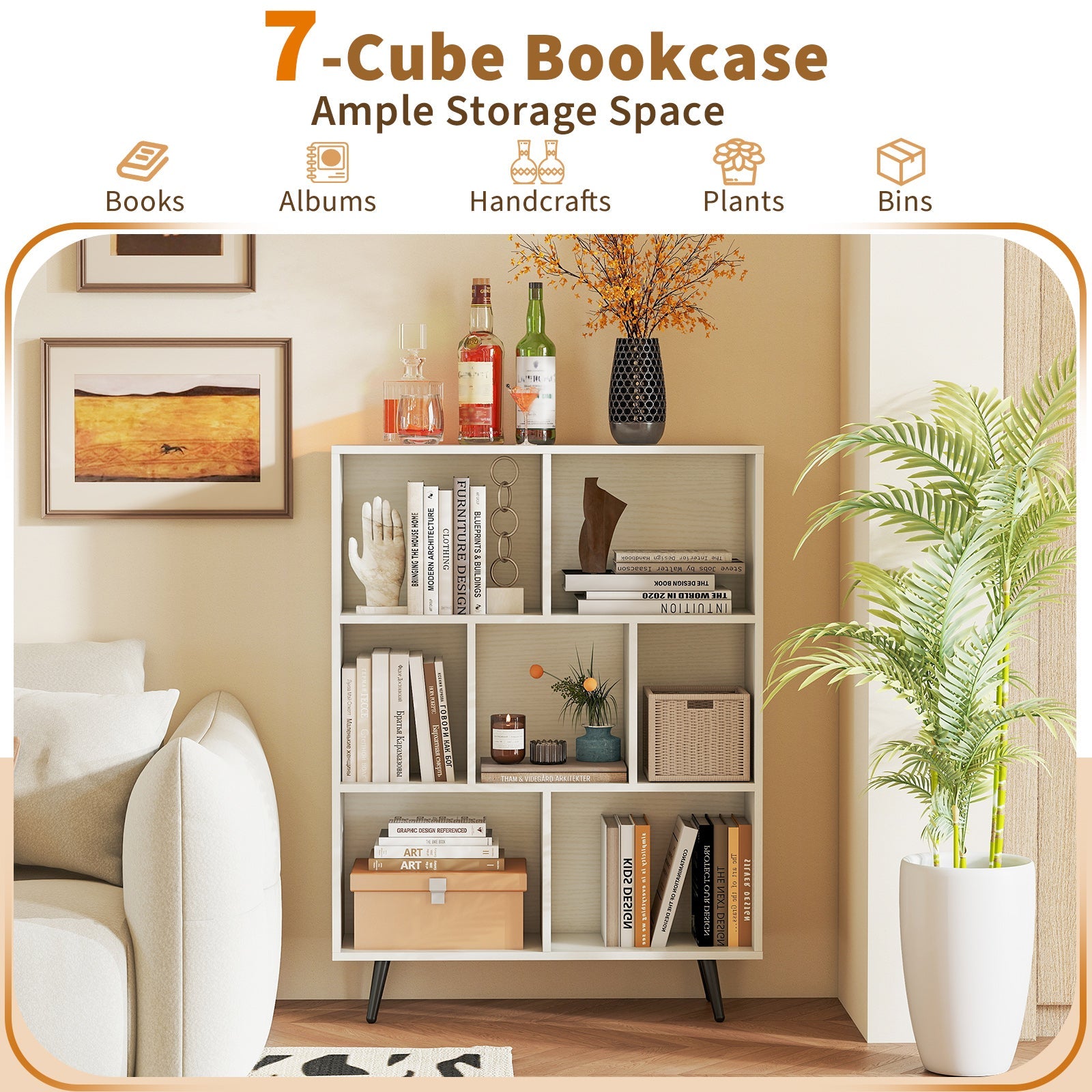 7-Cube Bookcase, Mid Century Modern Storage Organizer with 4 Tapered Metal Legs