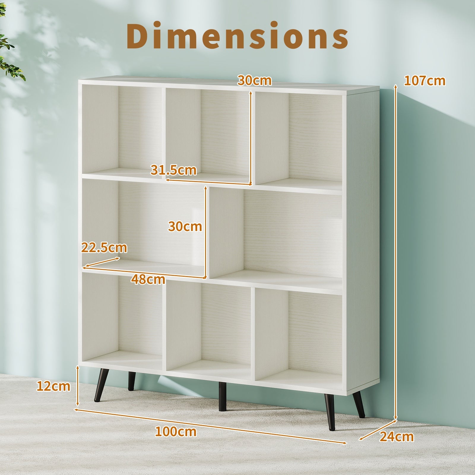 7-Cube Bookcase, Mid Century Modern Storage Organizer with 4 Tapered Metal Legs