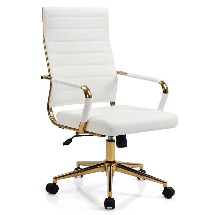 White and Gold Office Chair, Ribbed PU Leather Computer Desk Chair with Armrests & Reclining Backrest