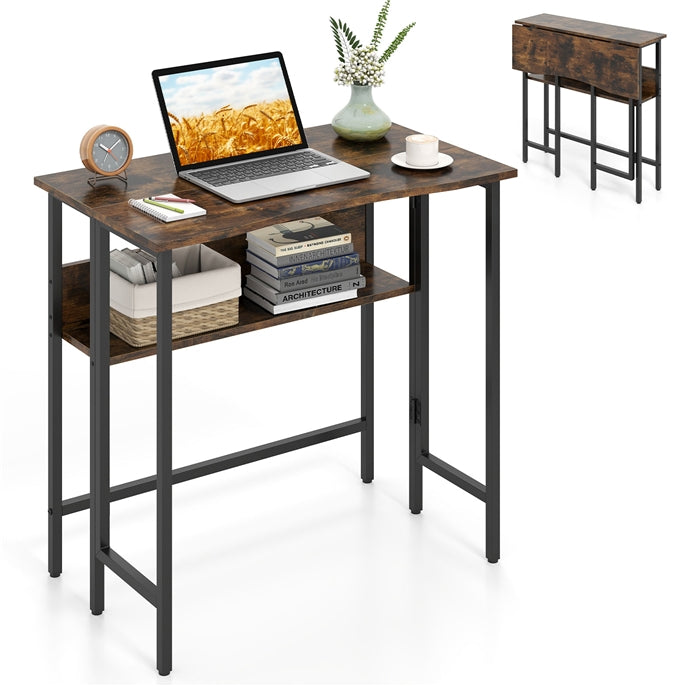 Small Folding Desk, 80 CM Computer Desk w/ Storage Shelf, Drop Leaf, & Metal Legs