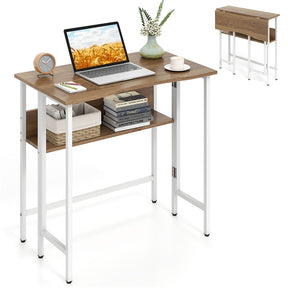Small Folding Desk, 80 CM Computer Desk w/ Storage Shelf, Drop Leaf, & Metal Legs