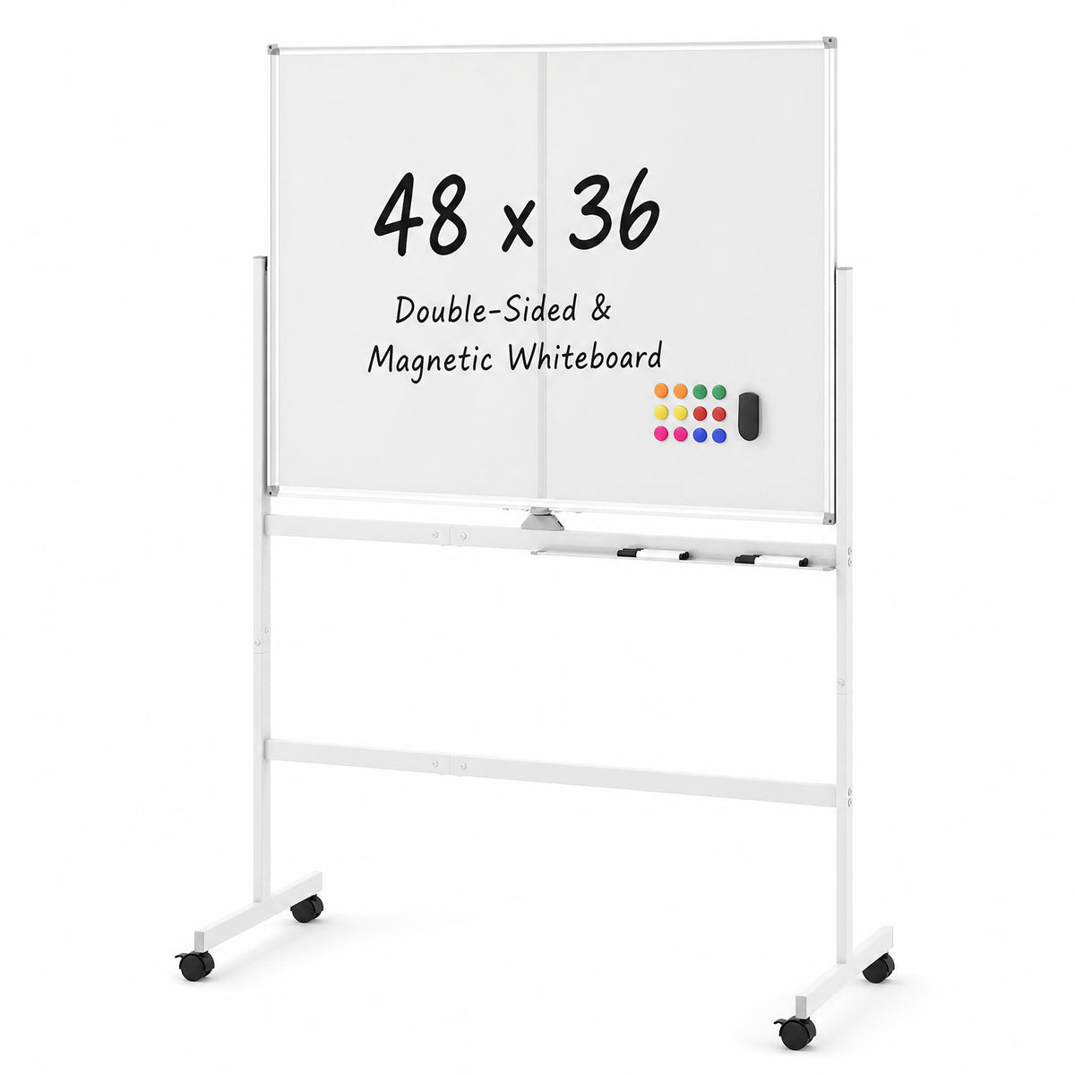 48” x 36” Mobile White Board with Lockable Universal Wheels (White)