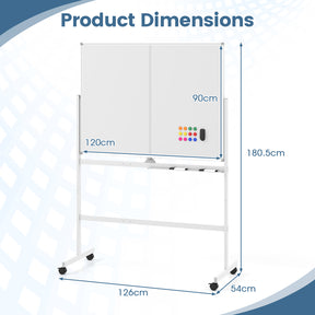 48” x 36” Mobile White Board with Lockable Universal Wheels (White)