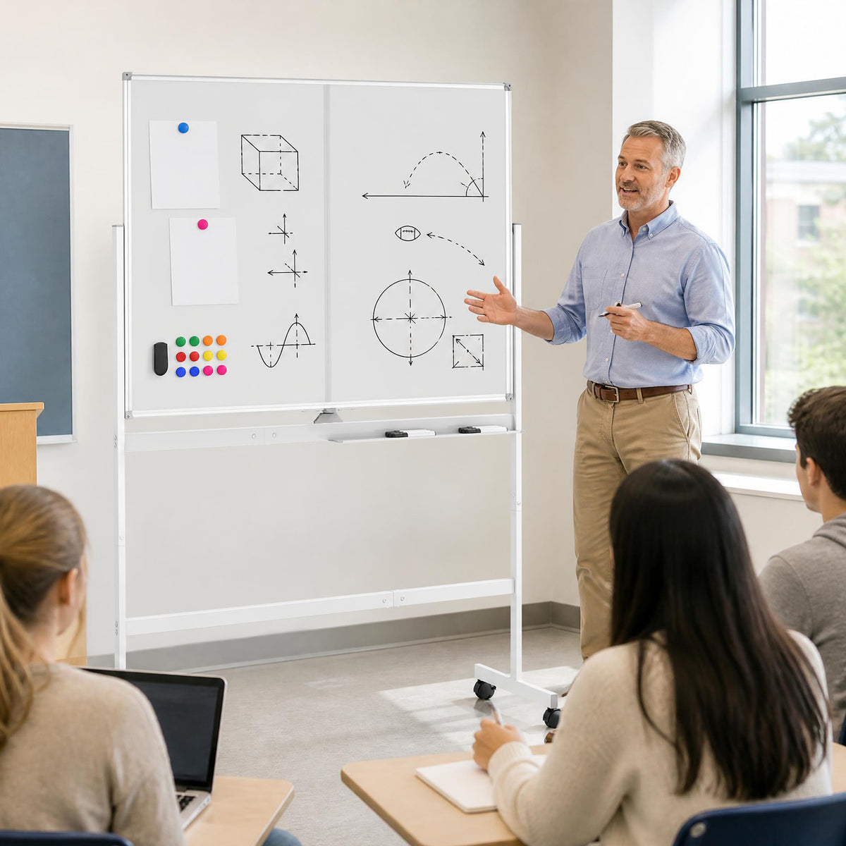 48” x 36” Mobile White Board with Lockable Universal Wheels (White)