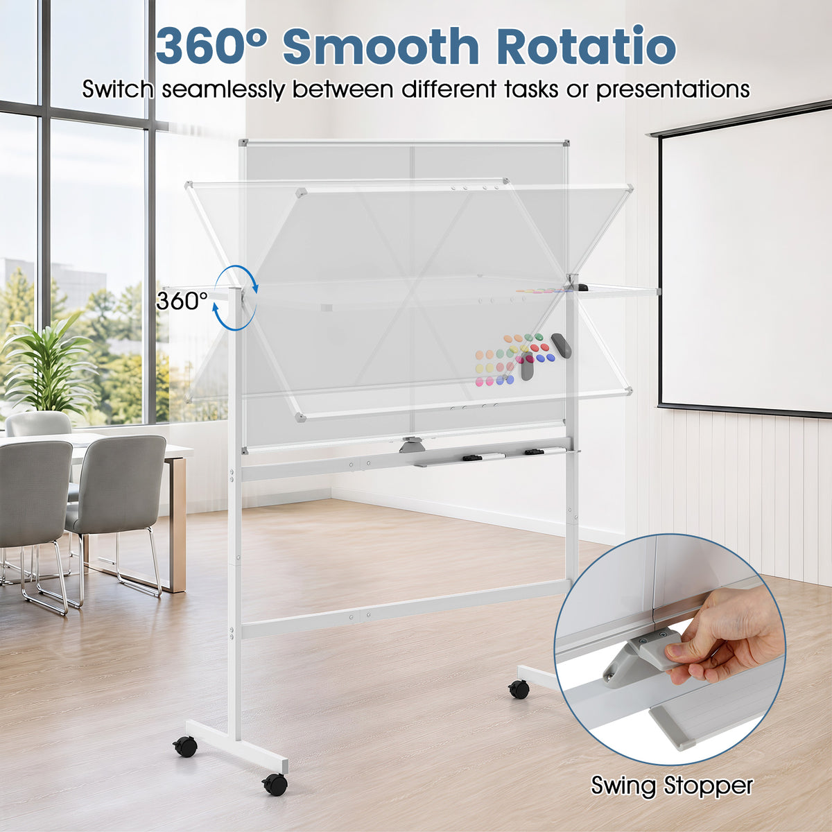 48” x 36” Mobile White Board with Lockable Universal Wheels (White)