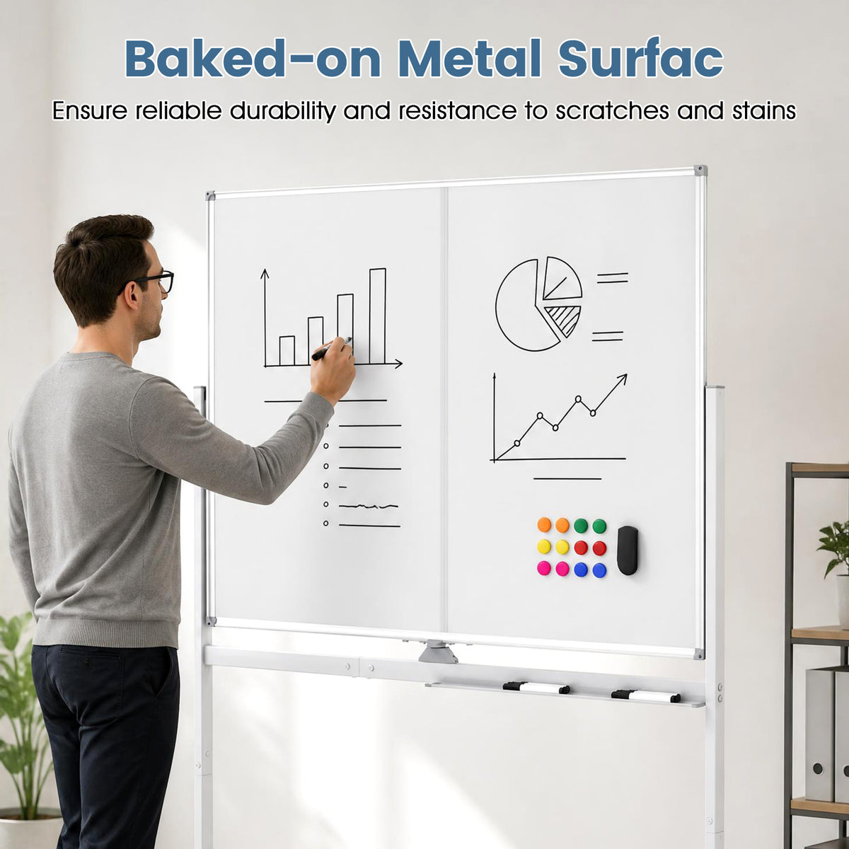 48” x 36” Mobile White Board with Lockable Universal Wheels (White)