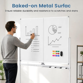 48” x 36” Mobile White Board with Lockable Universal Wheels (White)