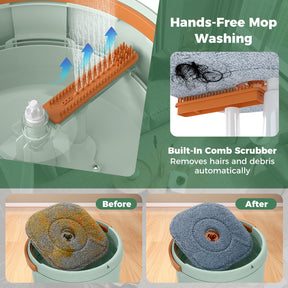 Flat Floor Mop and Bucket System with Mope Heads and Washable Microfiber Pads