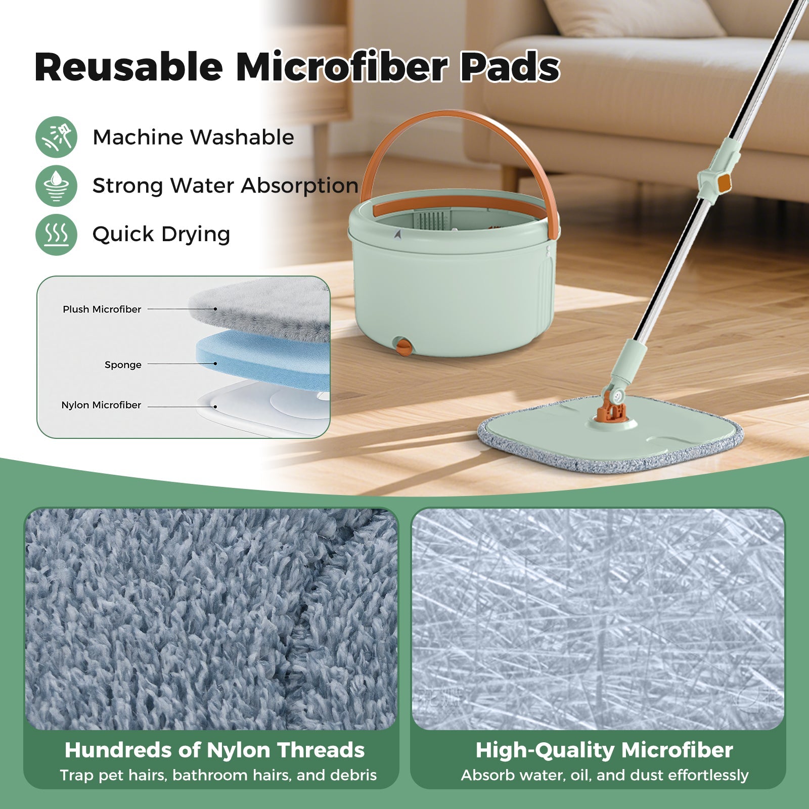 Flat Floor Mop and Bucket System with Mope Heads and Washable Microfiber Pads