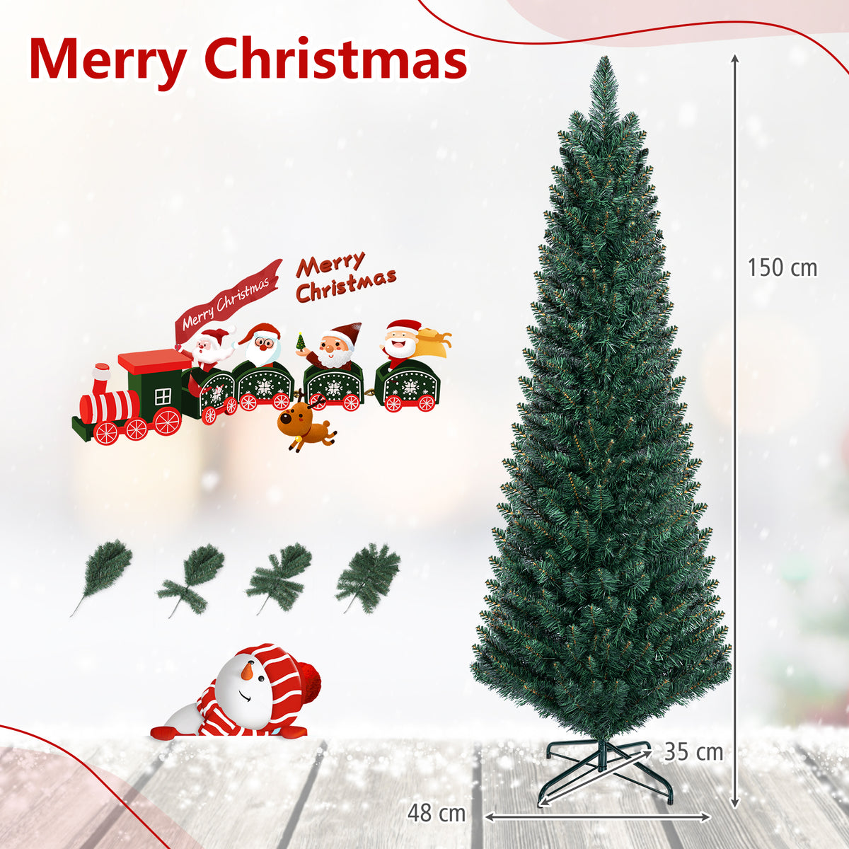 Hikidspace 1.5/1.8/2.1/2.4/2.7M Artificial Pencil Christmas Tree, Balsam Fir, Green