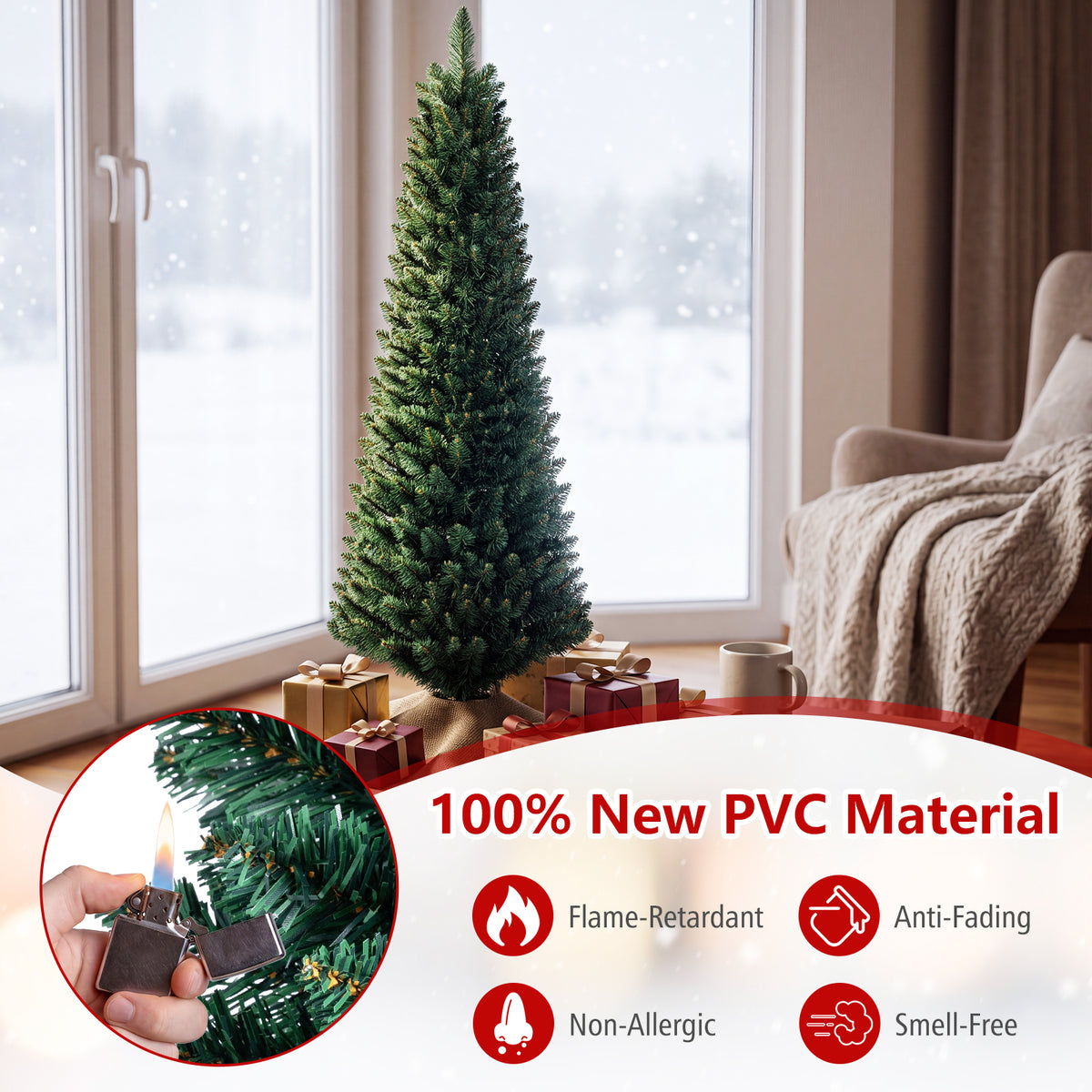 Hikidspace 1.5/1.8/2.1/2.4/2.7M Artificial Pencil Christmas Tree, Balsam Fir, Green