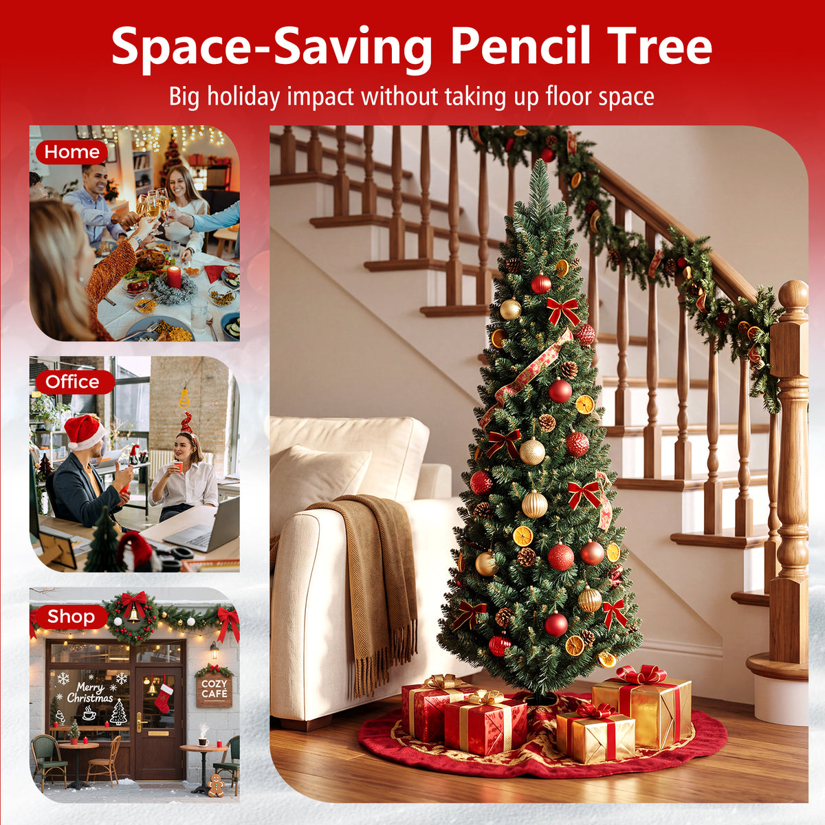 Hikidspace 1.5/1.8/2.1/2.4/2.7M Artificial Pencil Christmas Tree, Balsam Fir, Green