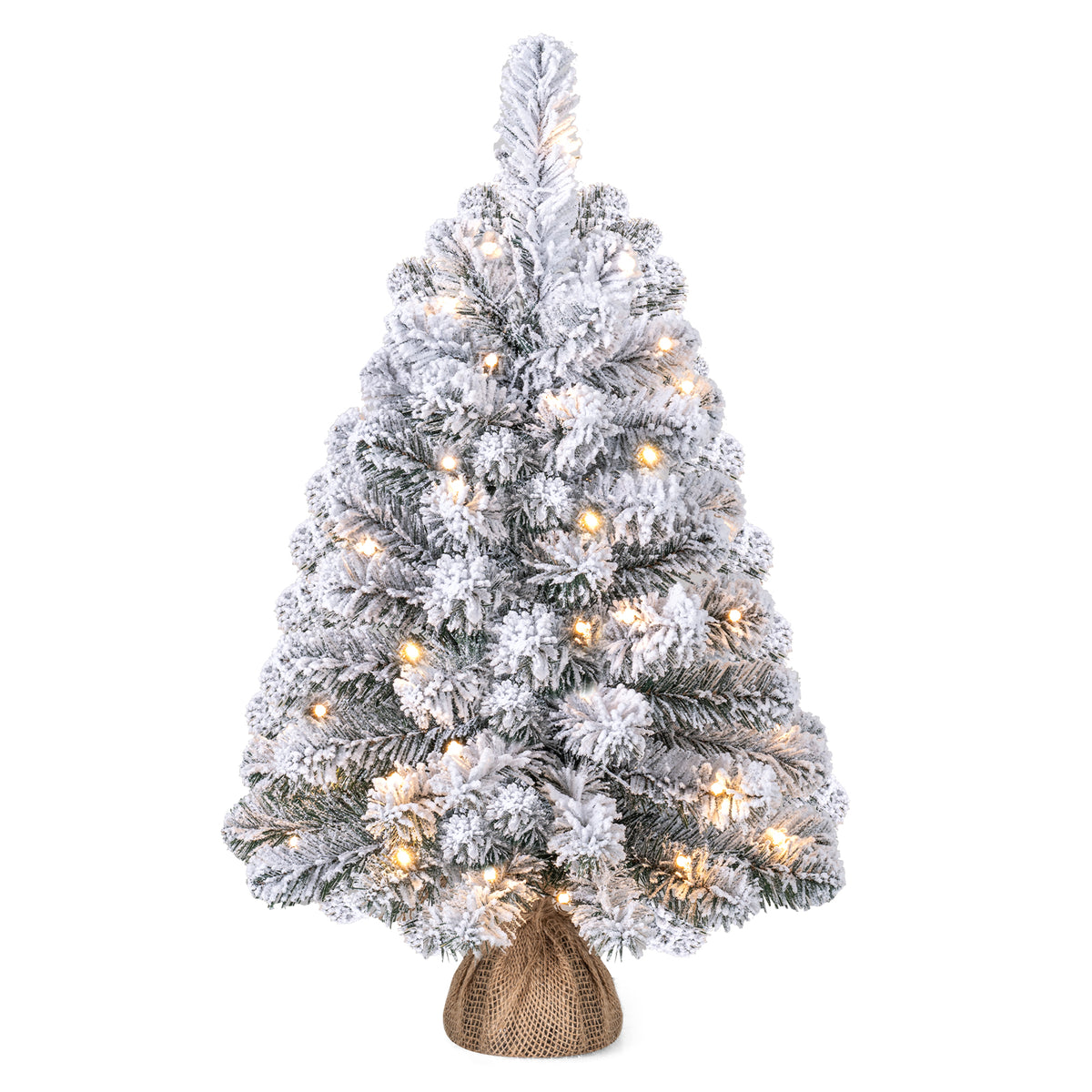 Hikidspace 60cm Mini Snow-Flocked Christmas Tree, Pre-lit Tabletop Xmas Tree w/ 30 Warm White LED lights, Timer, Burlap Base, 65 PVC Branch Tips, Battery-Operated Desktop Decoration Tree for Holiday