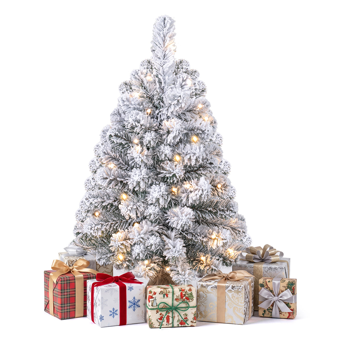 Hikidspace 60cm Mini Snow-Flocked Christmas Tree, Pre-lit Tabletop Xmas Tree w/ 30 Warm White LED lights, Timer, Burlap Base, 65 PVC Branch Tips, Battery-Operated Desktop Decoration Tree for Holiday