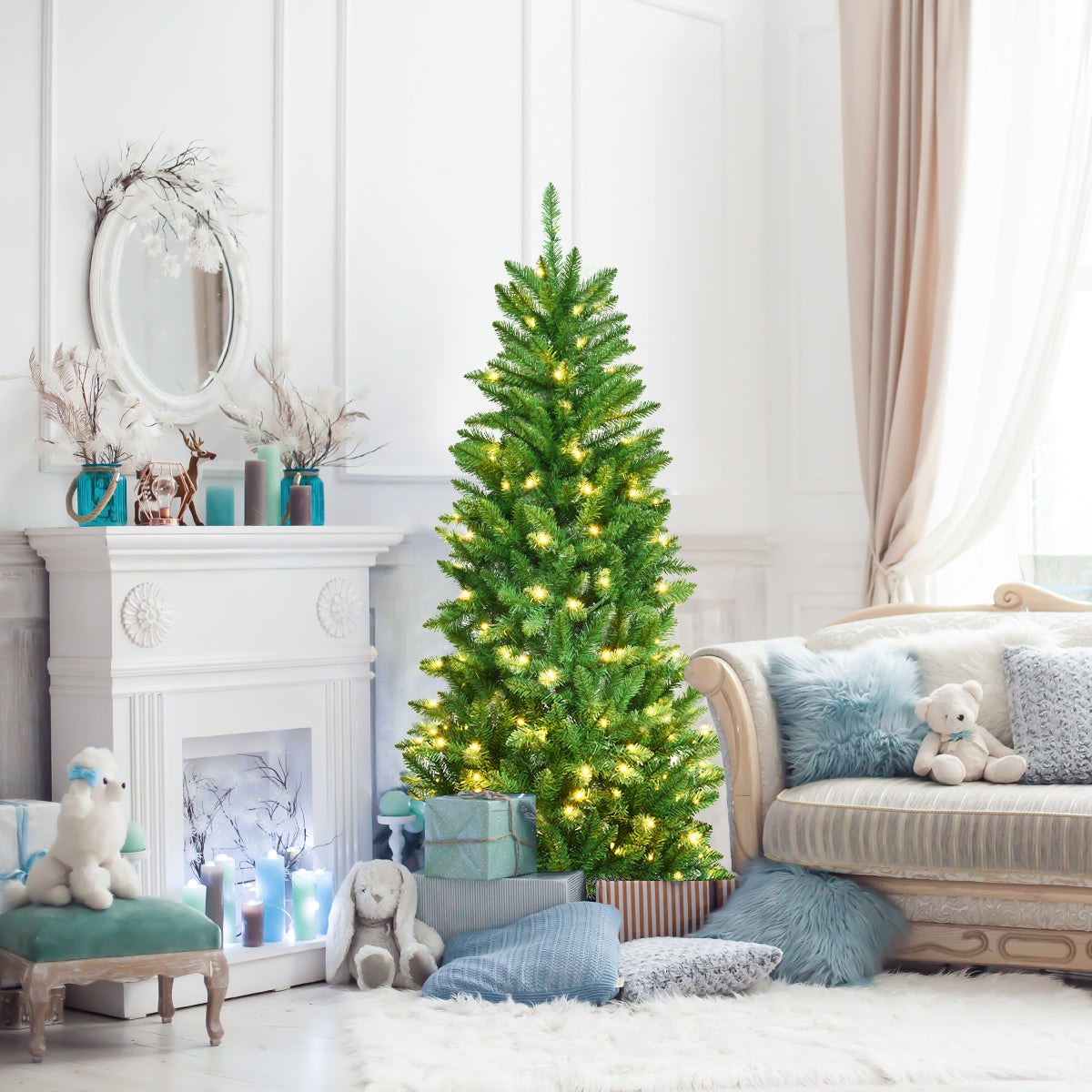 Pre Lit Christmas Tree Slim LED Xmas Tree Home Christmas Decoration Lights Green Outdoor