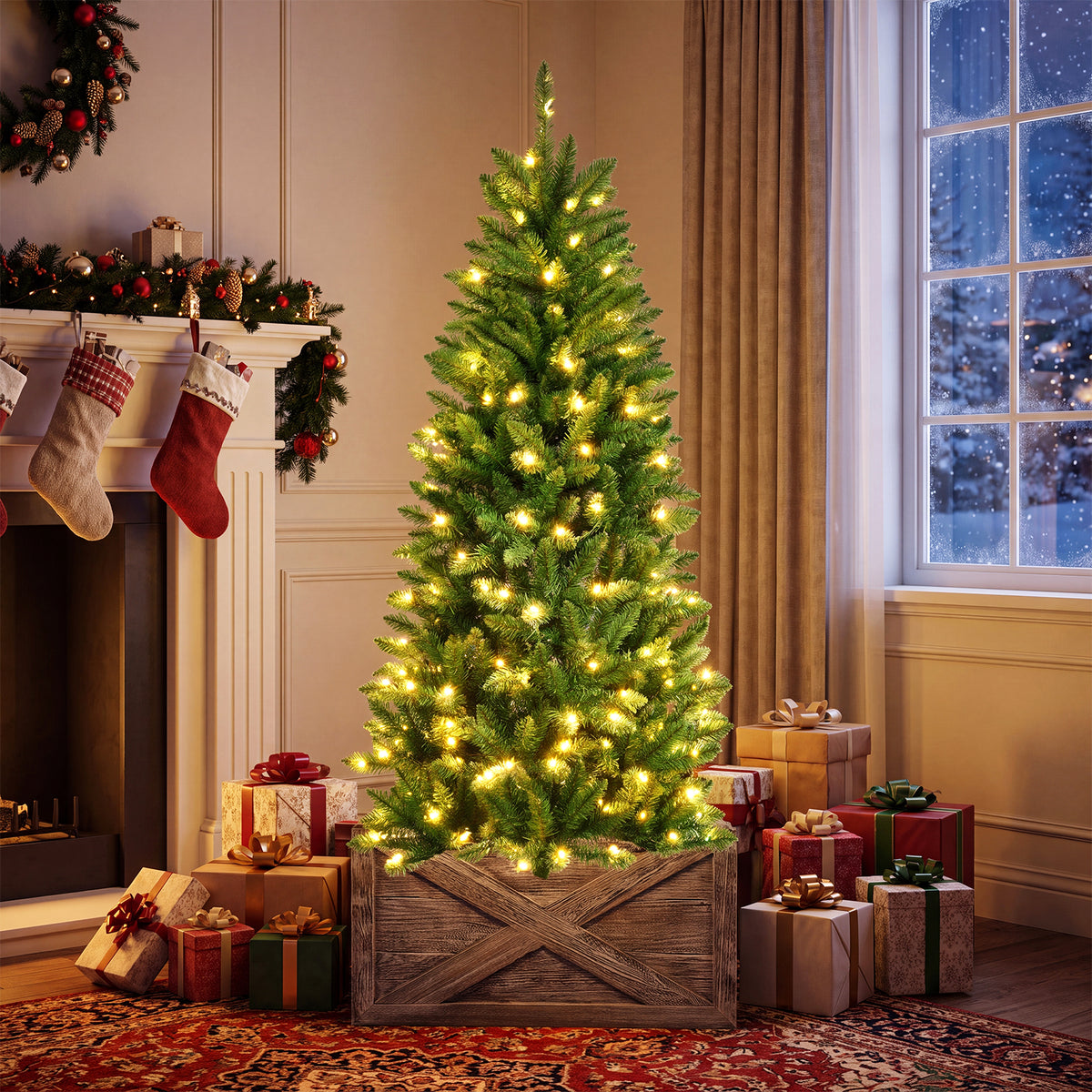 Hikidspace 1.5M/1.8M/2.1M Artificial Pencil Christmas Tree with Warm White UL-listed Lights for Decorations