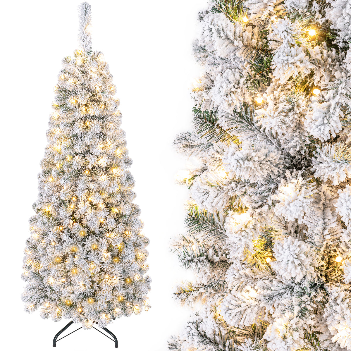 Hikidspace 1.4/1.8/2.27M Snow Flocked Prelit Christmas Tree with LED Lights
