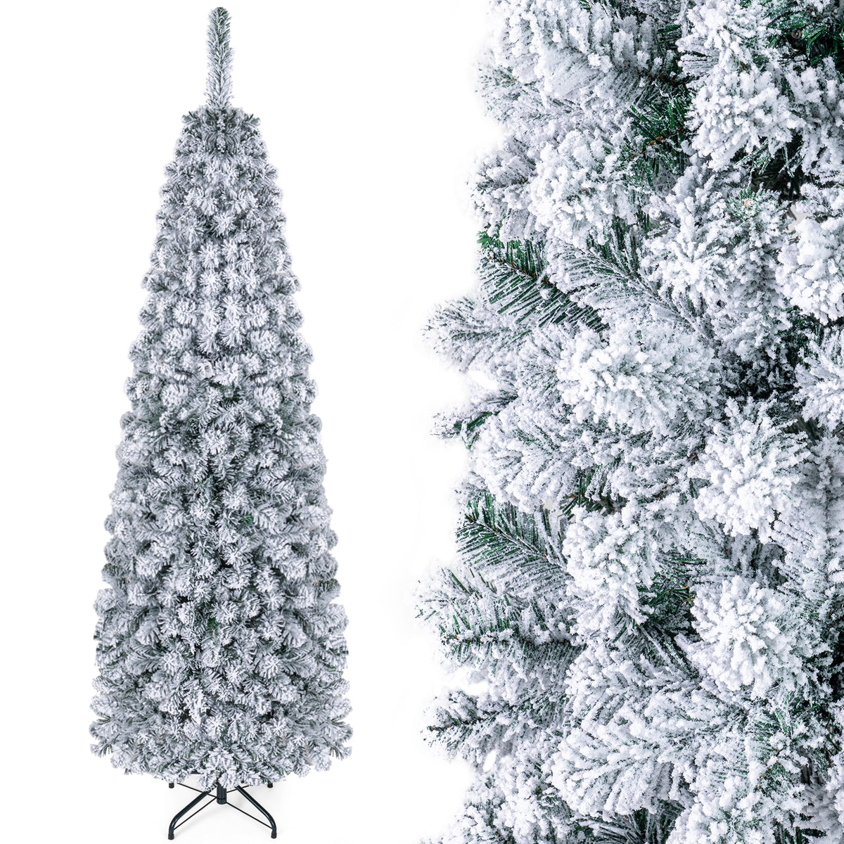 Hikidspace 1.4/1.8/2.27M Snow Flocked Prelit Christmas Tree with LED Lights