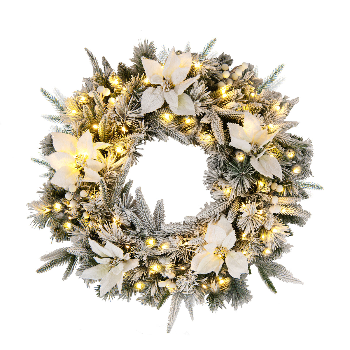 Hikidspace Christmas Wreath, 60CM/24 Inch Pre-Lit Snow Flocked Xmas Wreath