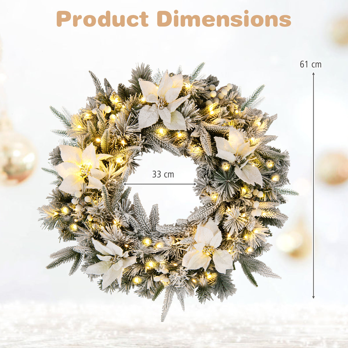 Hikidspace Christmas Wreath, 60CM/24 Inch Pre-Lit Snow Flocked Xmas Wreath
