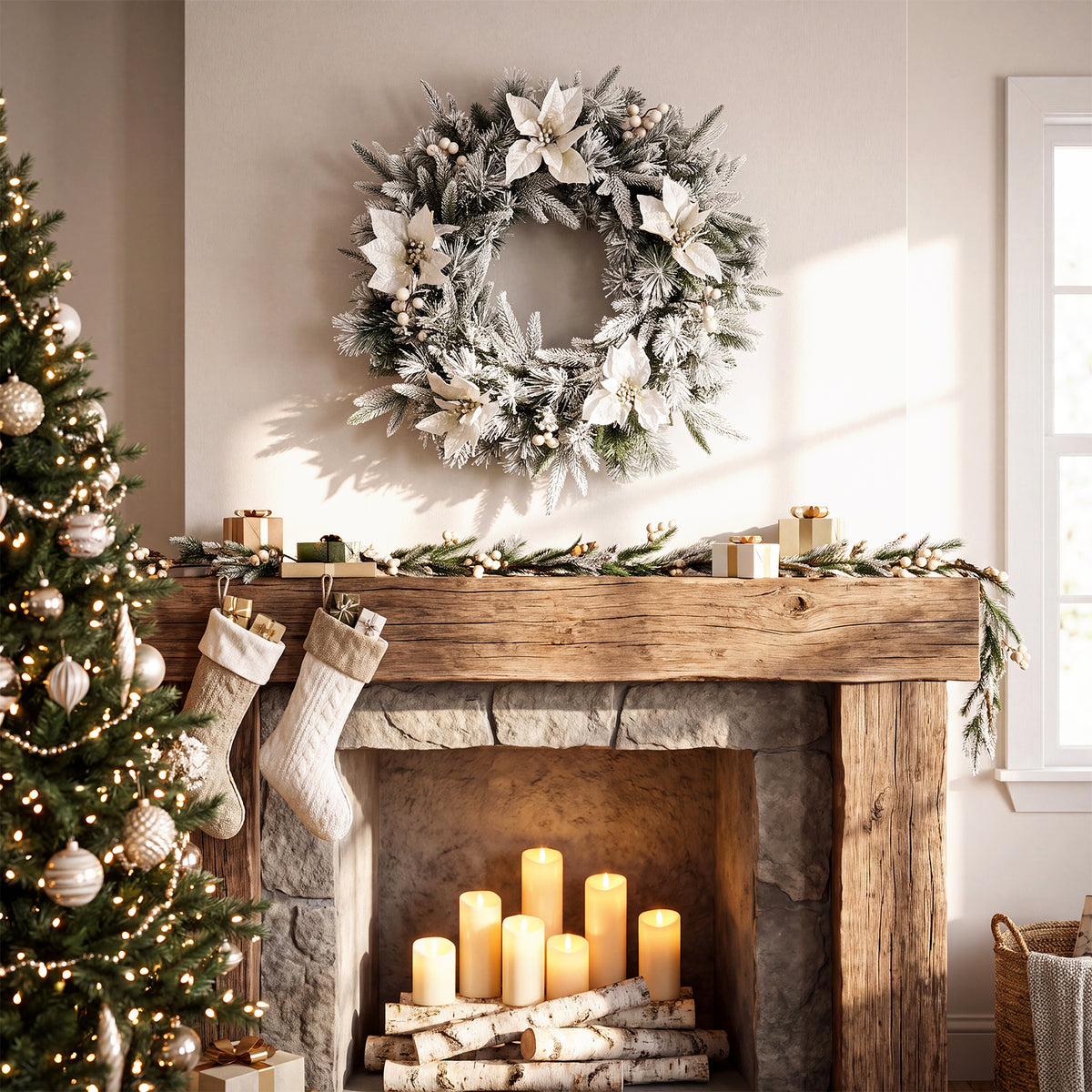 Hikidspace Christmas Wreath, 60CM/24 Inch Pre-Lit Snow Flocked Xmas Wreath