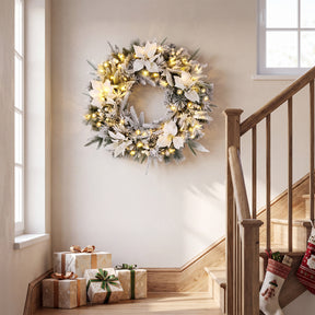 Hikidspace Christmas Wreath, 60CM/24 Inch Pre-Lit Snow Flocked Xmas Wreath