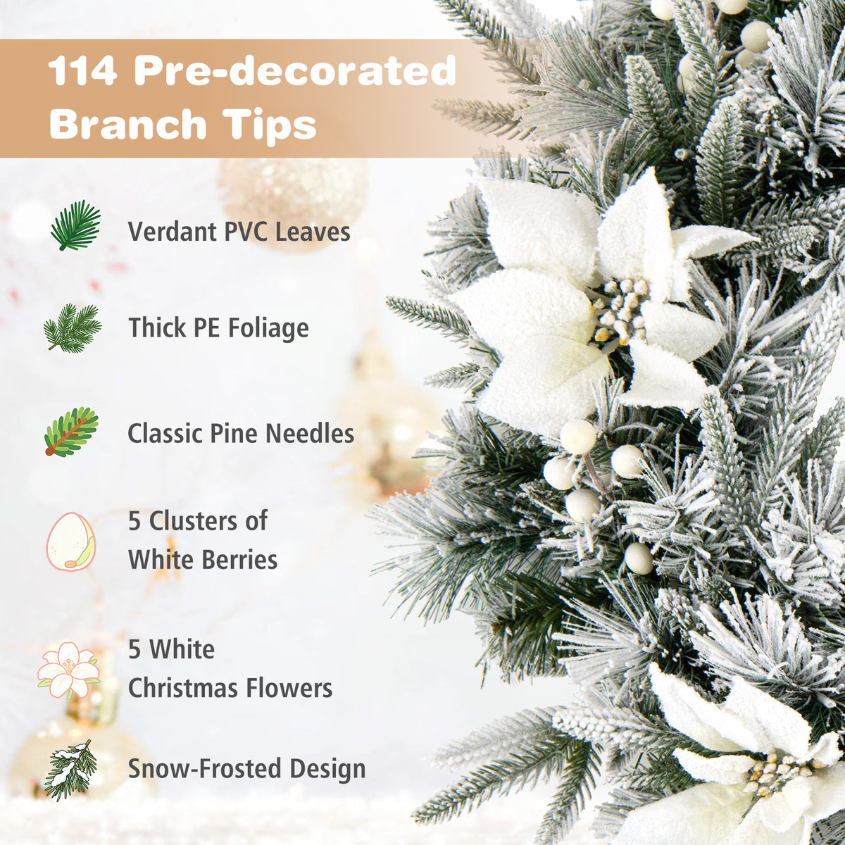 Hikidspace Christmas Wreath, 60CM/24 Inch Pre-Lit Snow Flocked Xmas Wreath