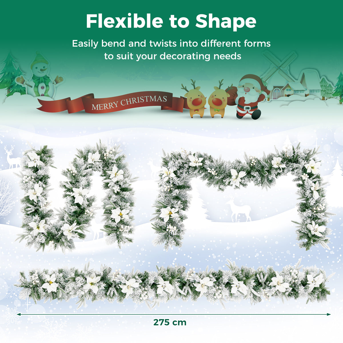 Hikidspace 280cm Christmas Garland, Pre-Lit Flocked Garland w/180 Tips