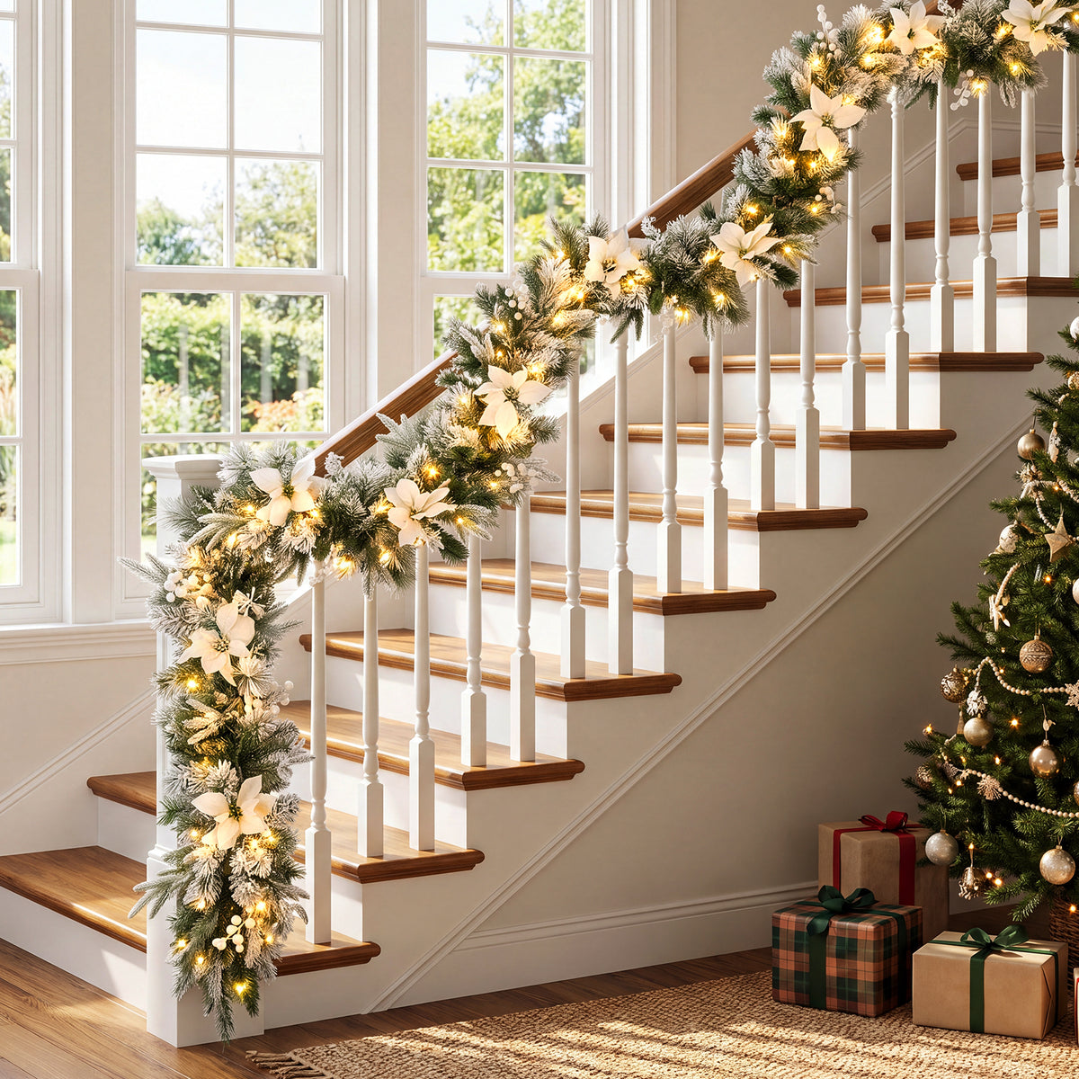 Hikidspace 280cm Christmas Garland, Pre-Lit Flocked Garland w/180 Tips