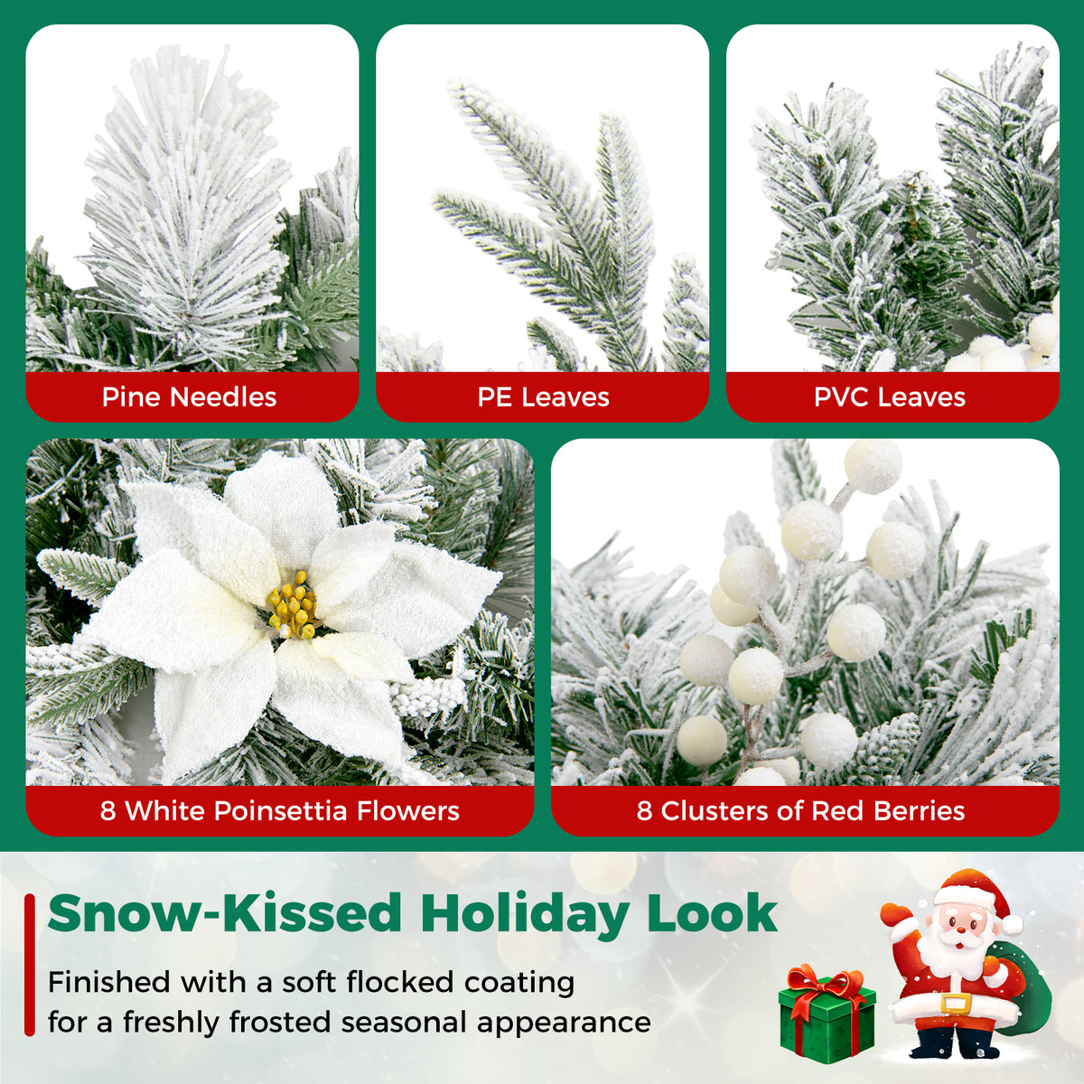 Hikidspace 280cm Christmas Garland, Pre-Lit Flocked Garland w/180 Tips