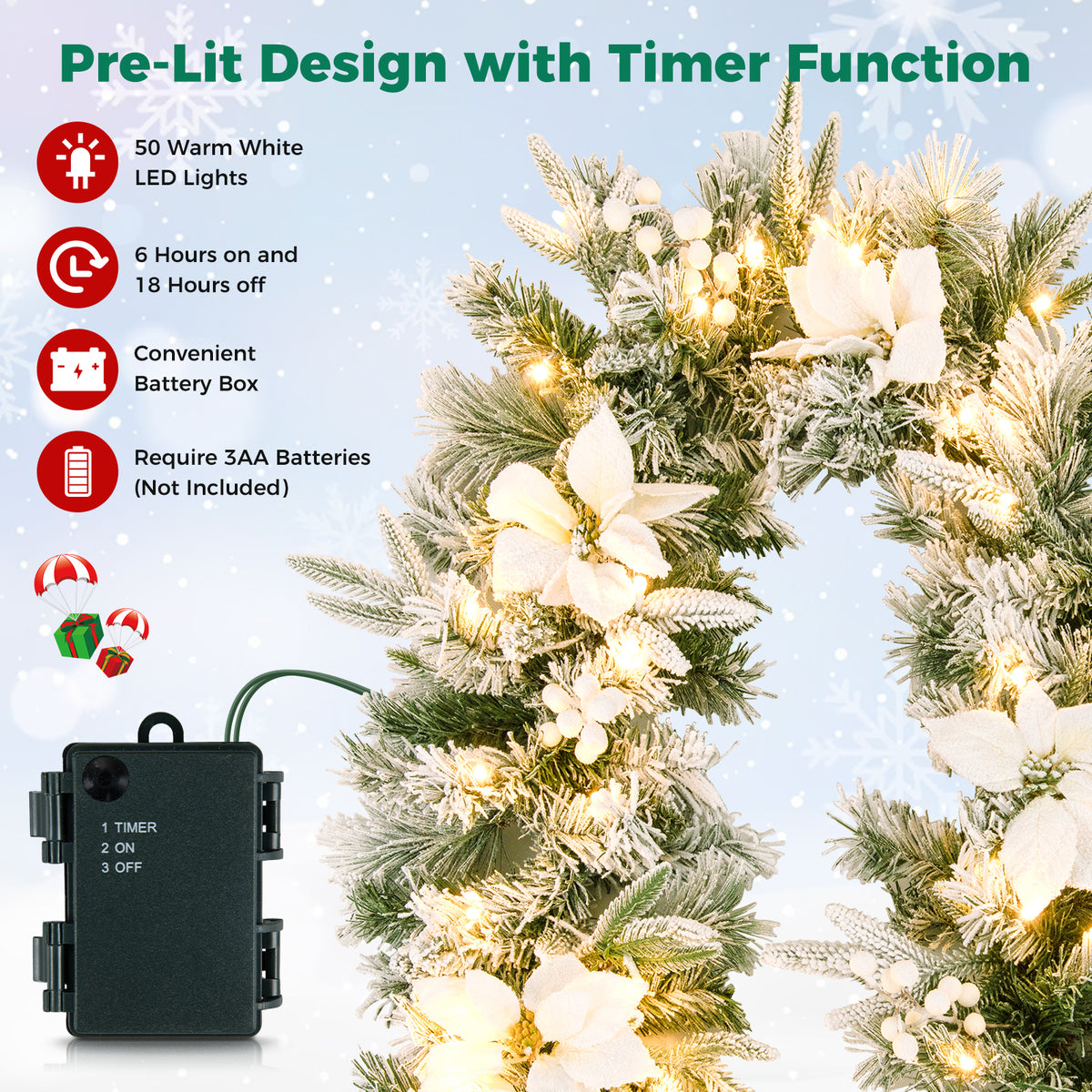 Hikidspace 280cm Christmas Garland, Pre-Lit Flocked Garland w/180 Tips