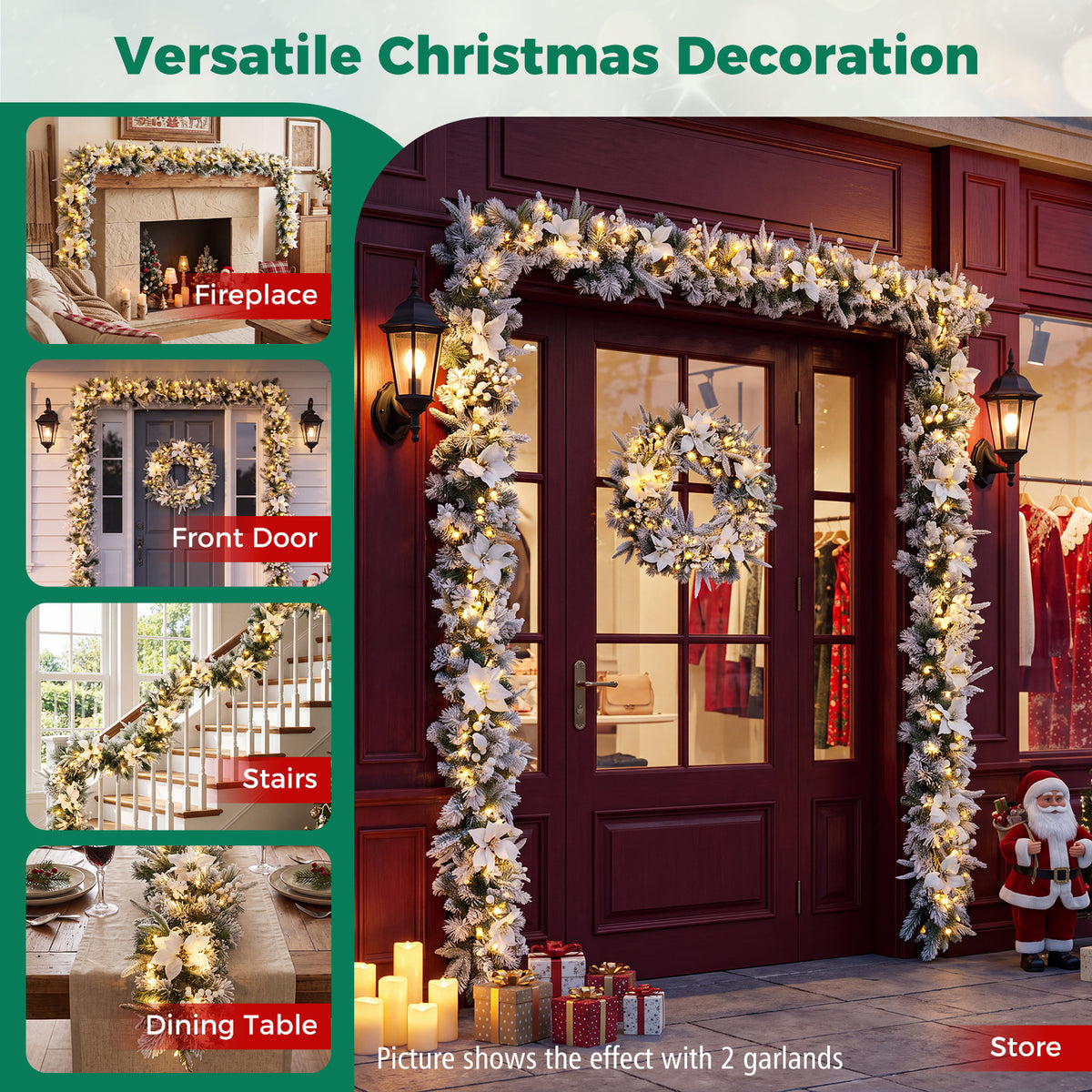 Hikidspace 280cm Christmas Garland, Pre-Lit Flocked Garland w/180 Tips