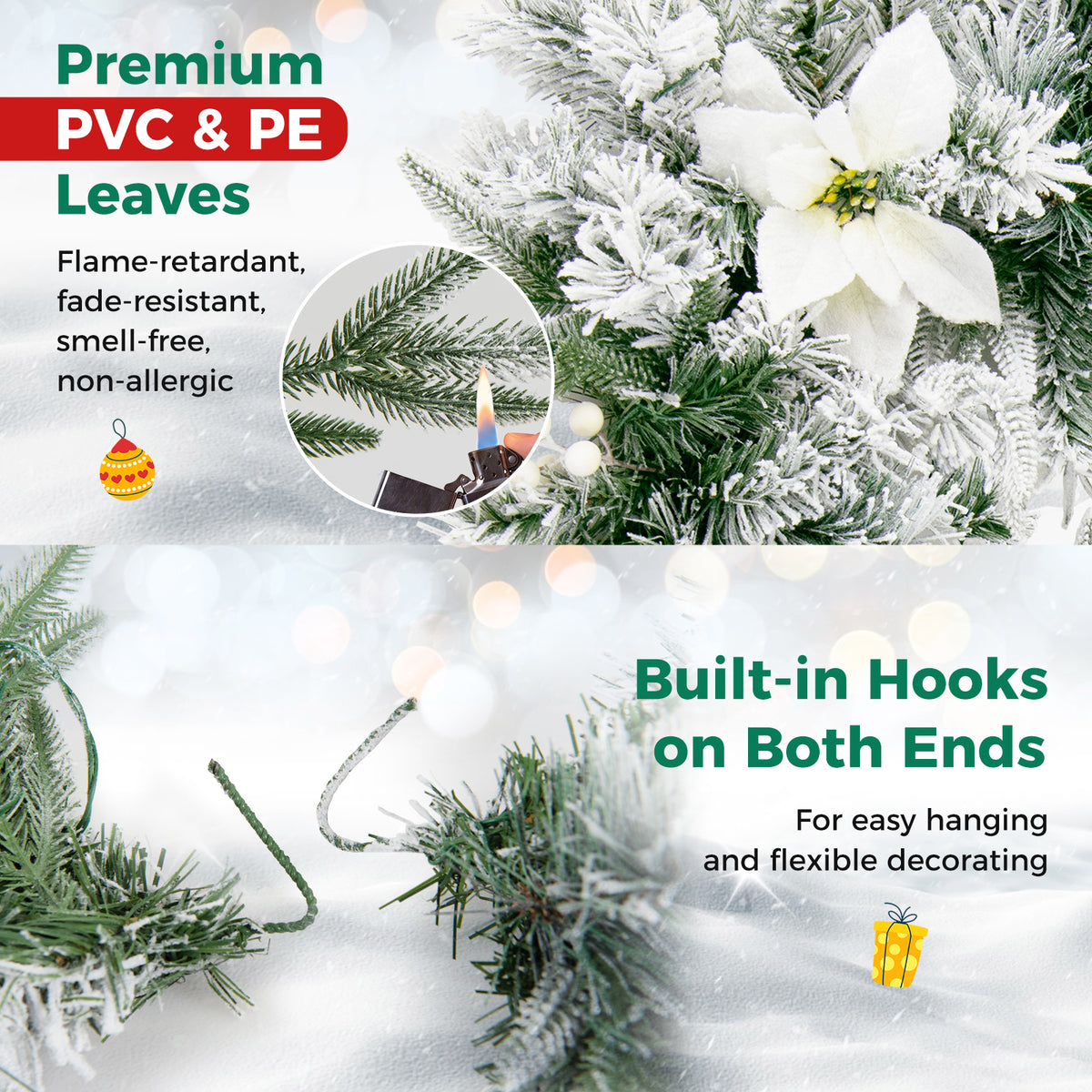 Hikidspace 280cm Christmas Garland, Pre-Lit Flocked Garland w/180 Tips
