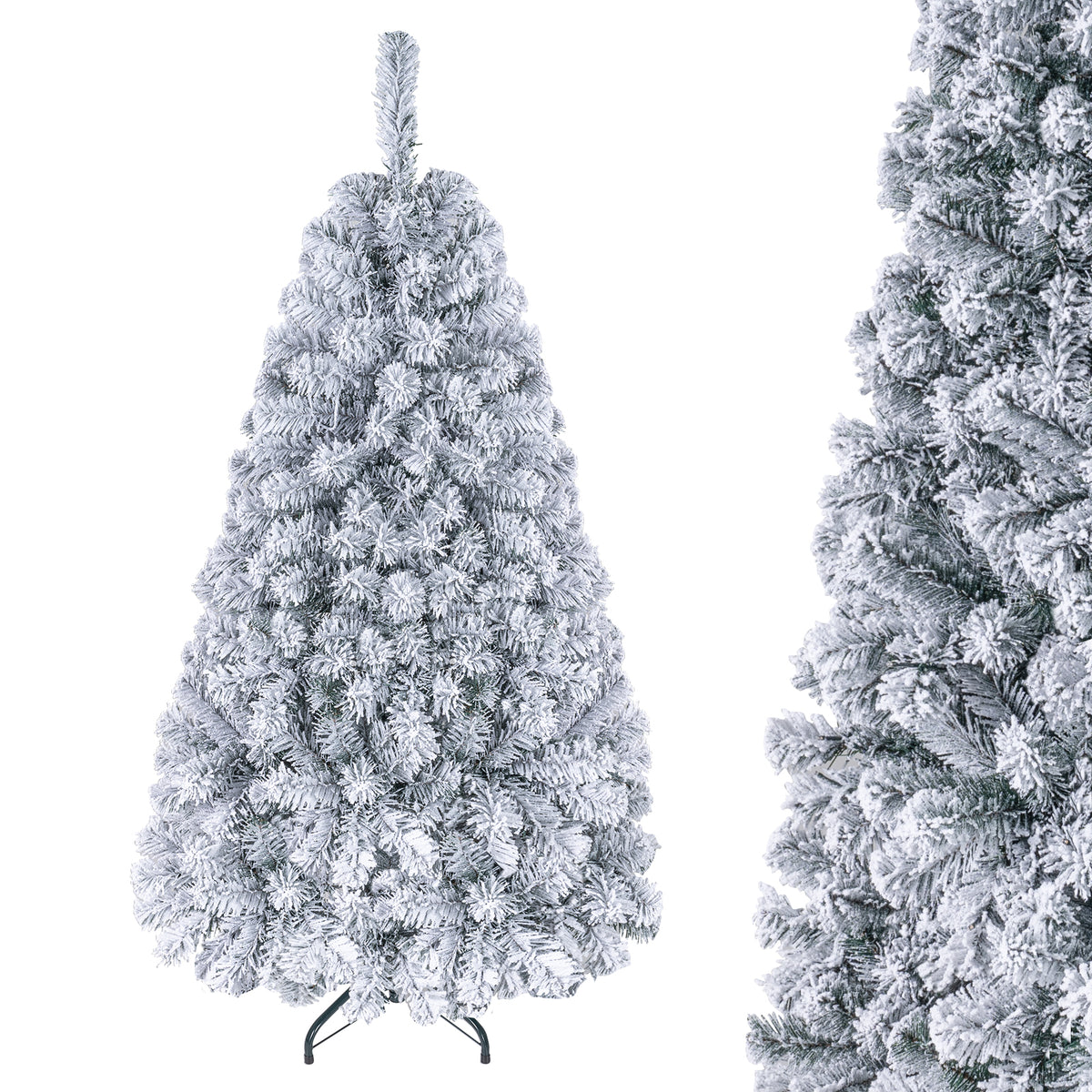 Hikidspace 140CM Pre-lit Snow Flocked Christmas Tree Hinged Xmas Decor w/Metal Stand Party