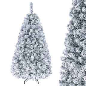 Hikidspace 140CM Pre-lit Snow Flocked Christmas Tree Hinged Xmas Decor w/Metal Stand Party