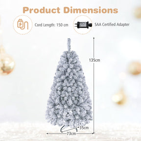 Hikidspace 140CM Pre-lit Snow Flocked Christmas Tree Hinged Xmas Decor w/Metal Stand Party