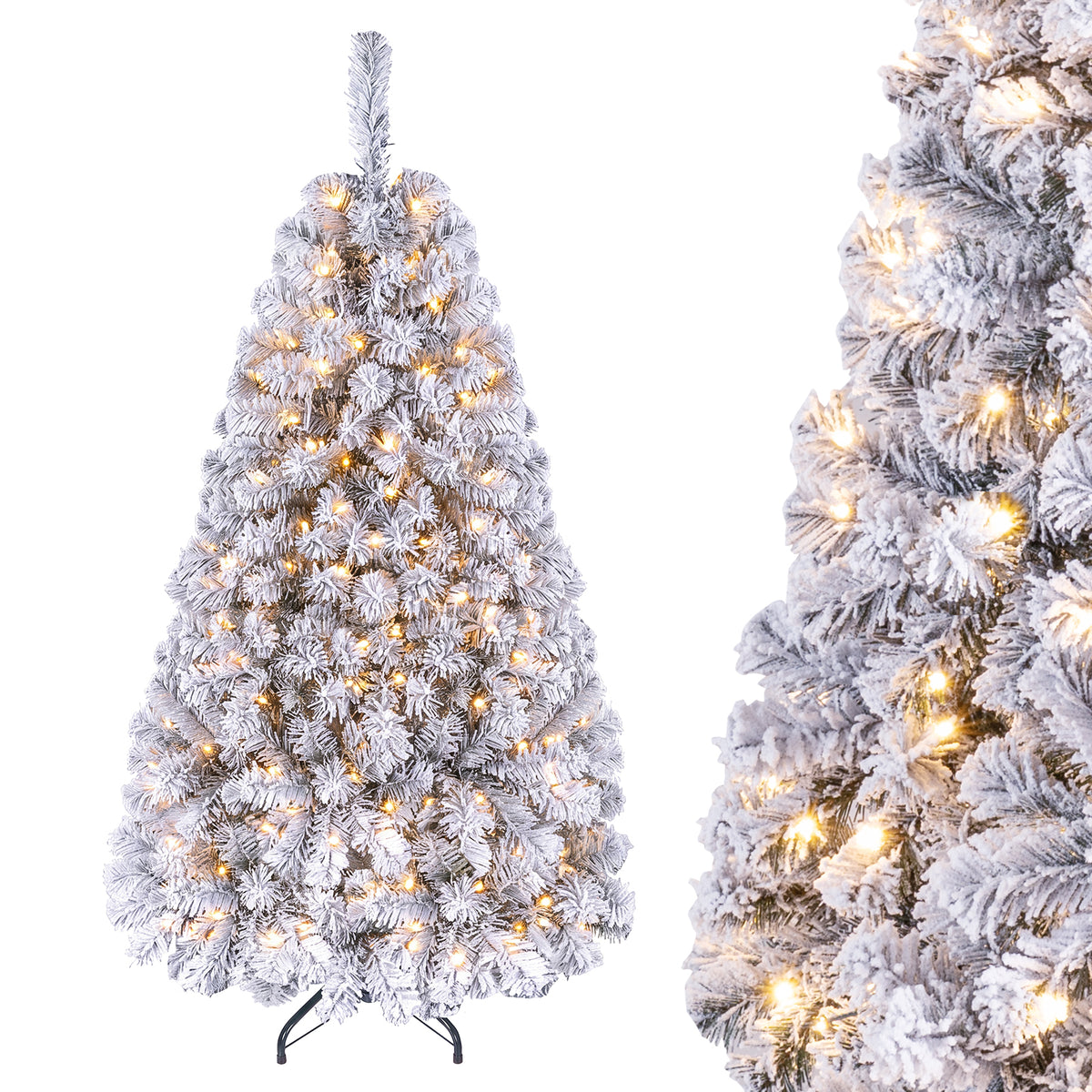 Hikidspace 140CM Pre-lit Snow Flocked Christmas Tree Hinged Xmas Decor w/Metal Stand Party