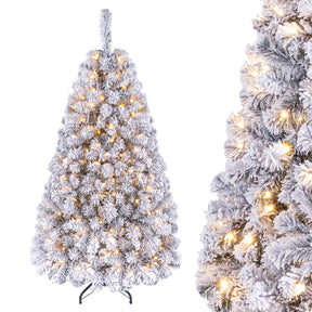 Hikidspace 140CM Pre-lit Snow Flocked Christmas Tree Hinged Xmas Decor w/Metal Stand Party