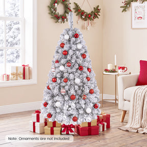 Hikidspace 140CM Pre-lit Snow Flocked Christmas Tree Hinged Xmas Decor w/Metal Stand Party