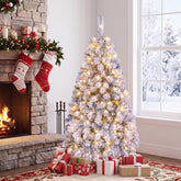 Hikidspace 140CM Pre-lit Snow Flocked Christmas Tree Hinged Xmas Decor w/Metal Stand Party